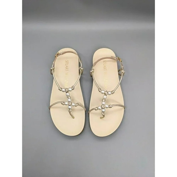 STUART WEITZMAN Pearl Knot Metallic Leather Flat Sandals Size 7 B MSRP $395 - Picture 2 of 8